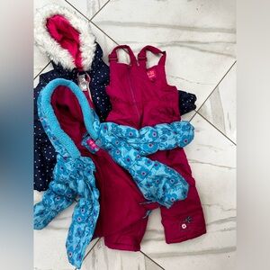 Girls Size 4 Snow Clothes Bundle - Pink bibs & 2 puffy snow jackets